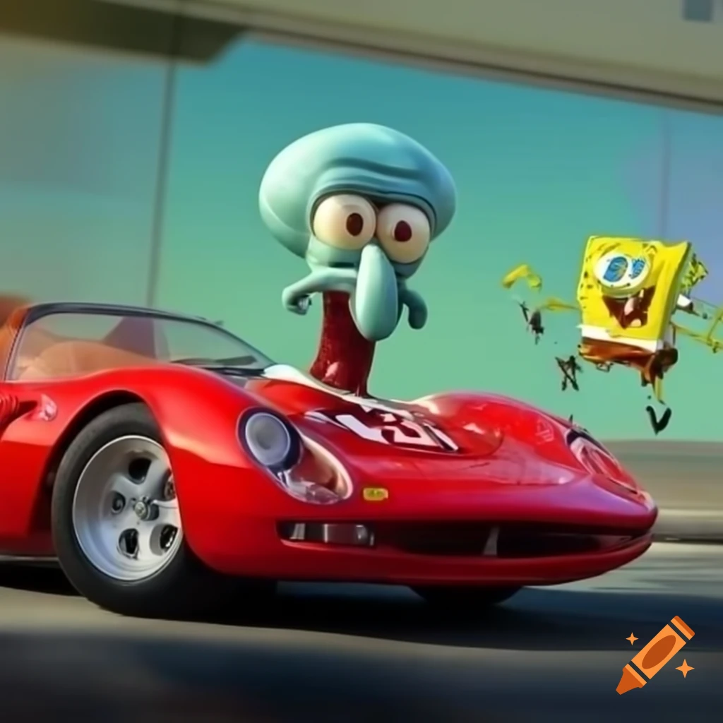Cartoon scene of Squidward in a Ferrari driving over SpongeBob