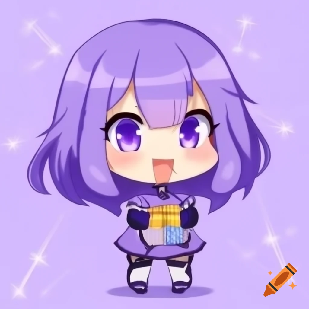 Chibi anime character with lavender hair and ice cube elements
