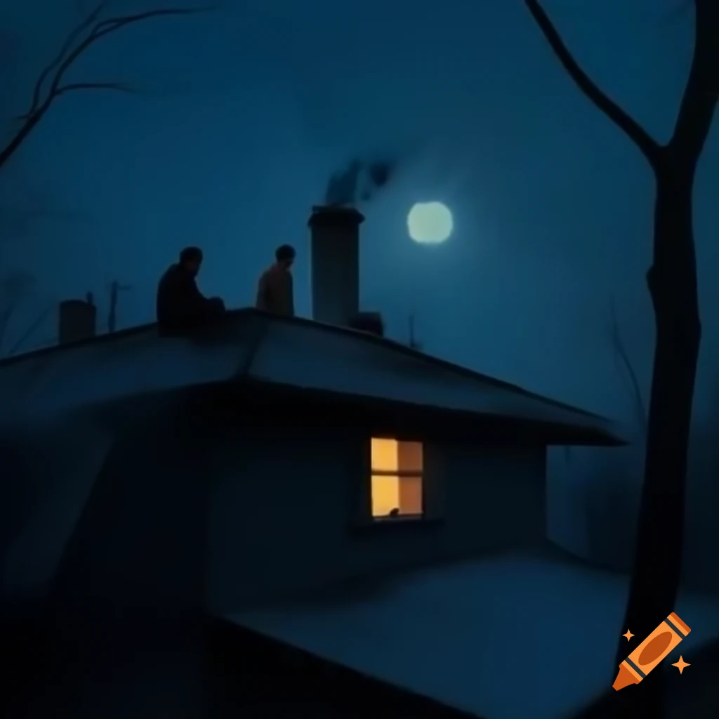 Men on chimney terrace enjoying evening view of the moon while smoking