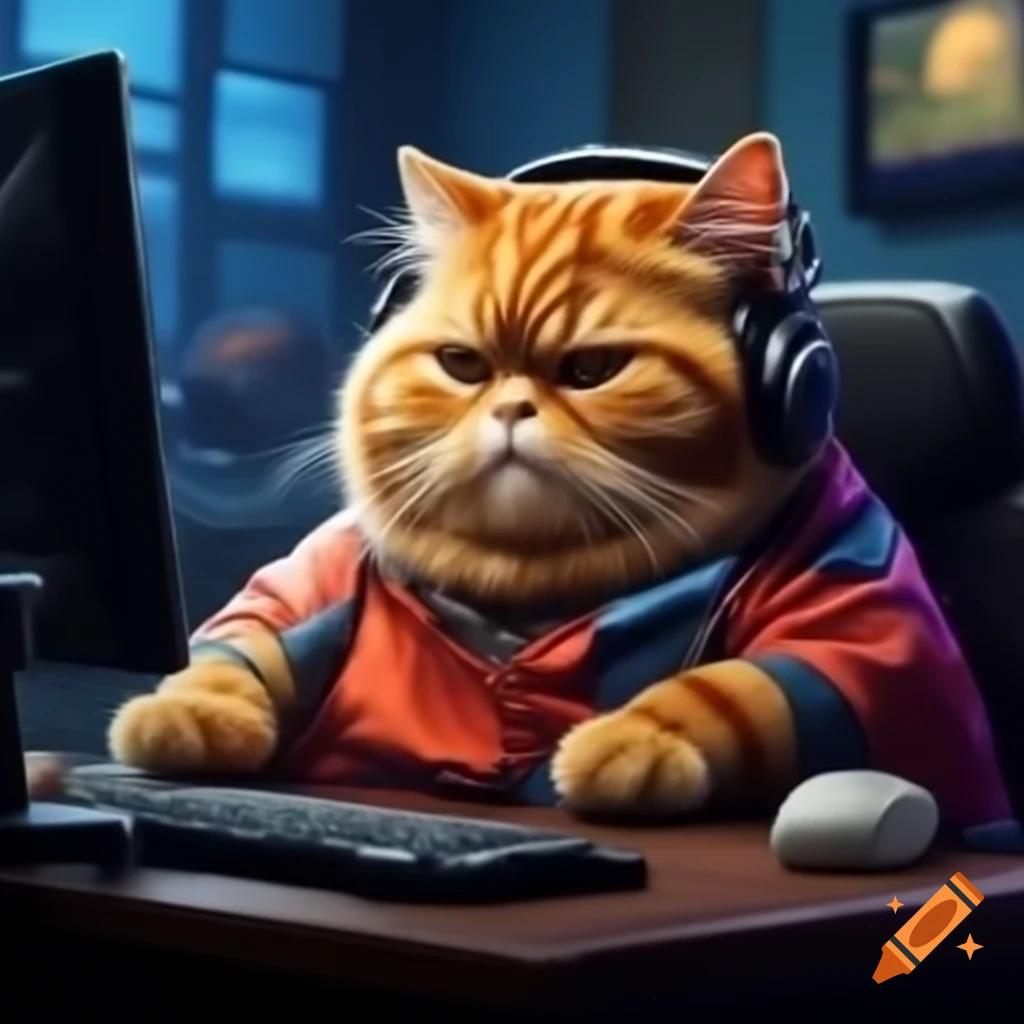 Chubby orange cat playing computer games with headset in dark room