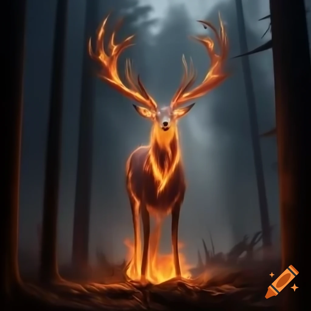 Fire elemental shaped like a great deer in a charred forest