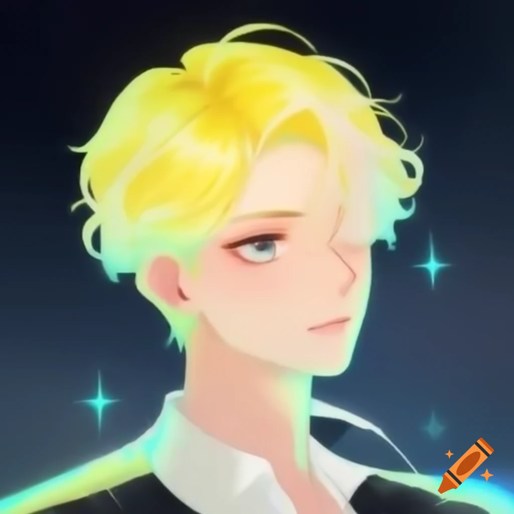 Handsome male with wavy pastel yellow and white hair in hero suit with stars background