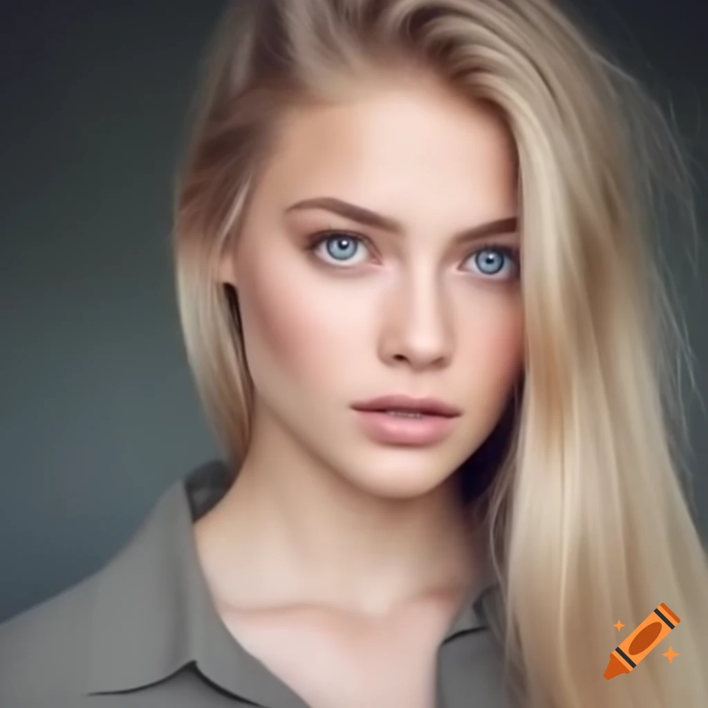 Beautiful woman with long blonde hair and blue eyes in oversized men's shirt
