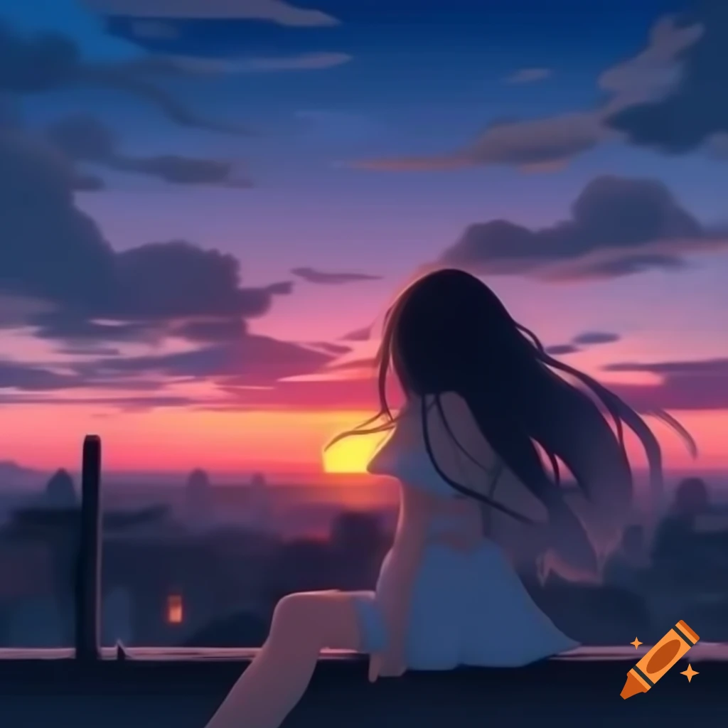 Ethereal anime girl enjoying a sunset on a rooftop with lo-fi vibes