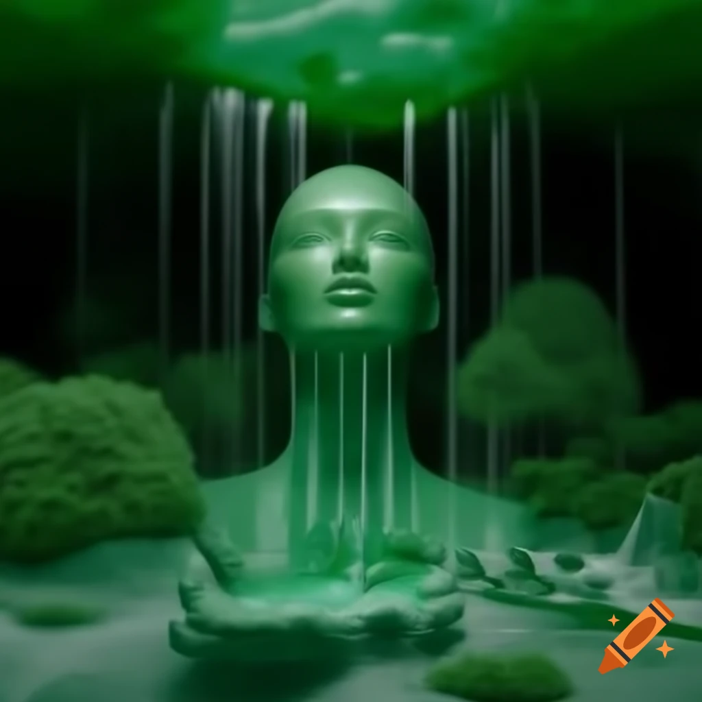 Pop surreal photography featuring green glass statue and waterfalls in H.R. Giger style