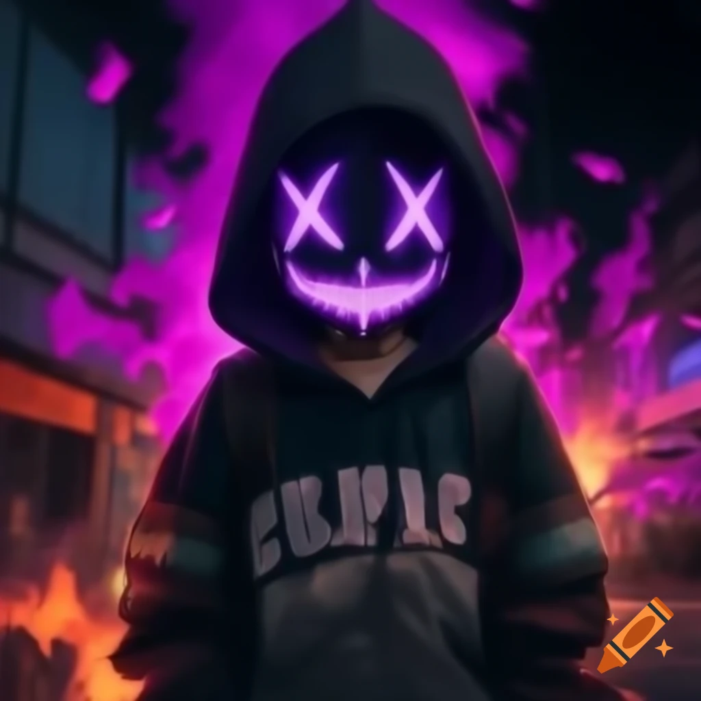 Anime boy with Jason mask and purple fire, wearing fire hoodie and purple eyes