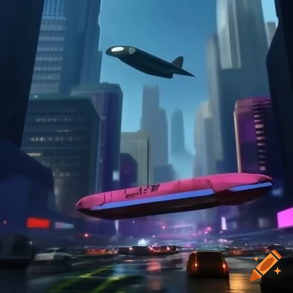 Futuristic city in the year 2500 with floating buildings and flying cars