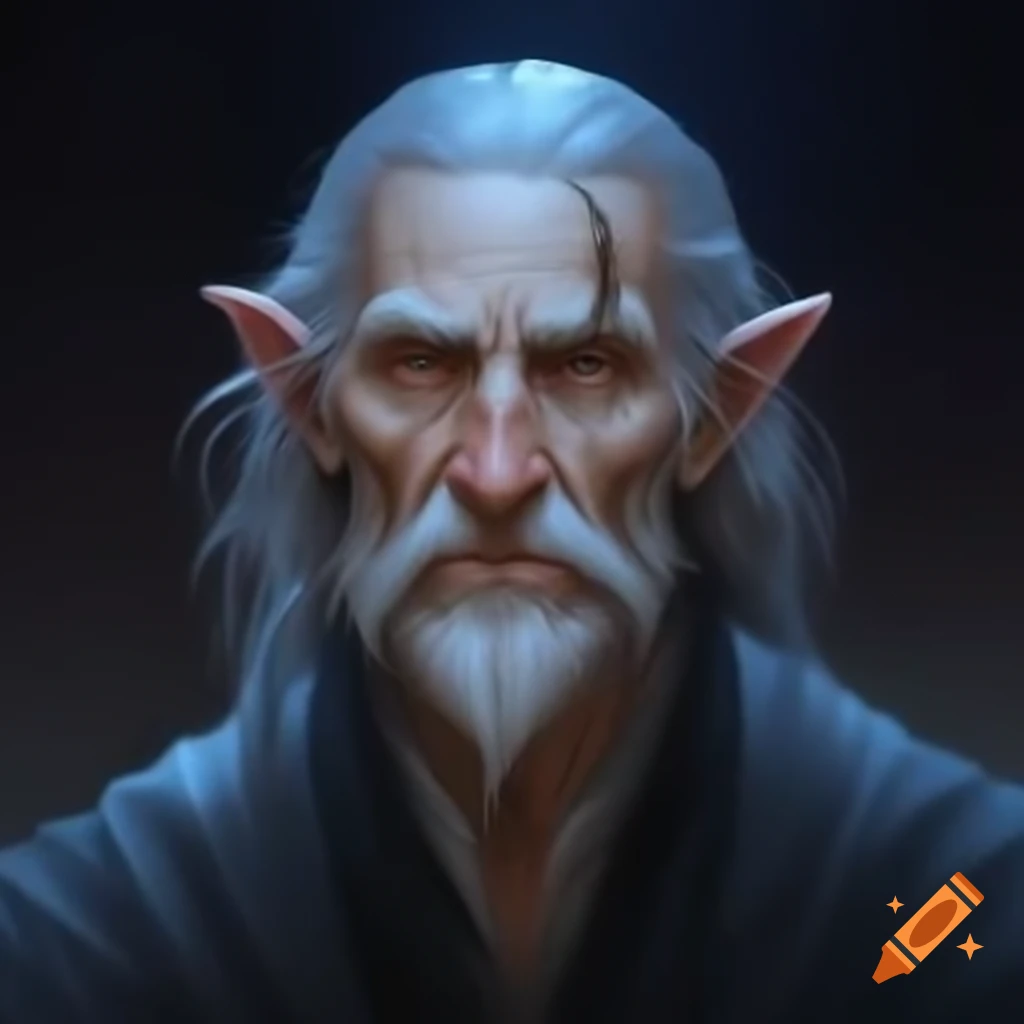 Old human wizard with blue-grey eyes, short grey hair, and goatee