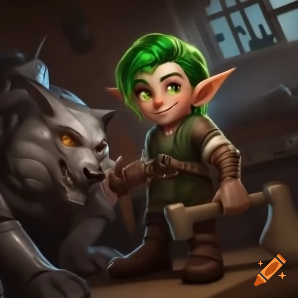 Young male gnome artificer with green hair and giant wrench beside robotic wolf in workshop