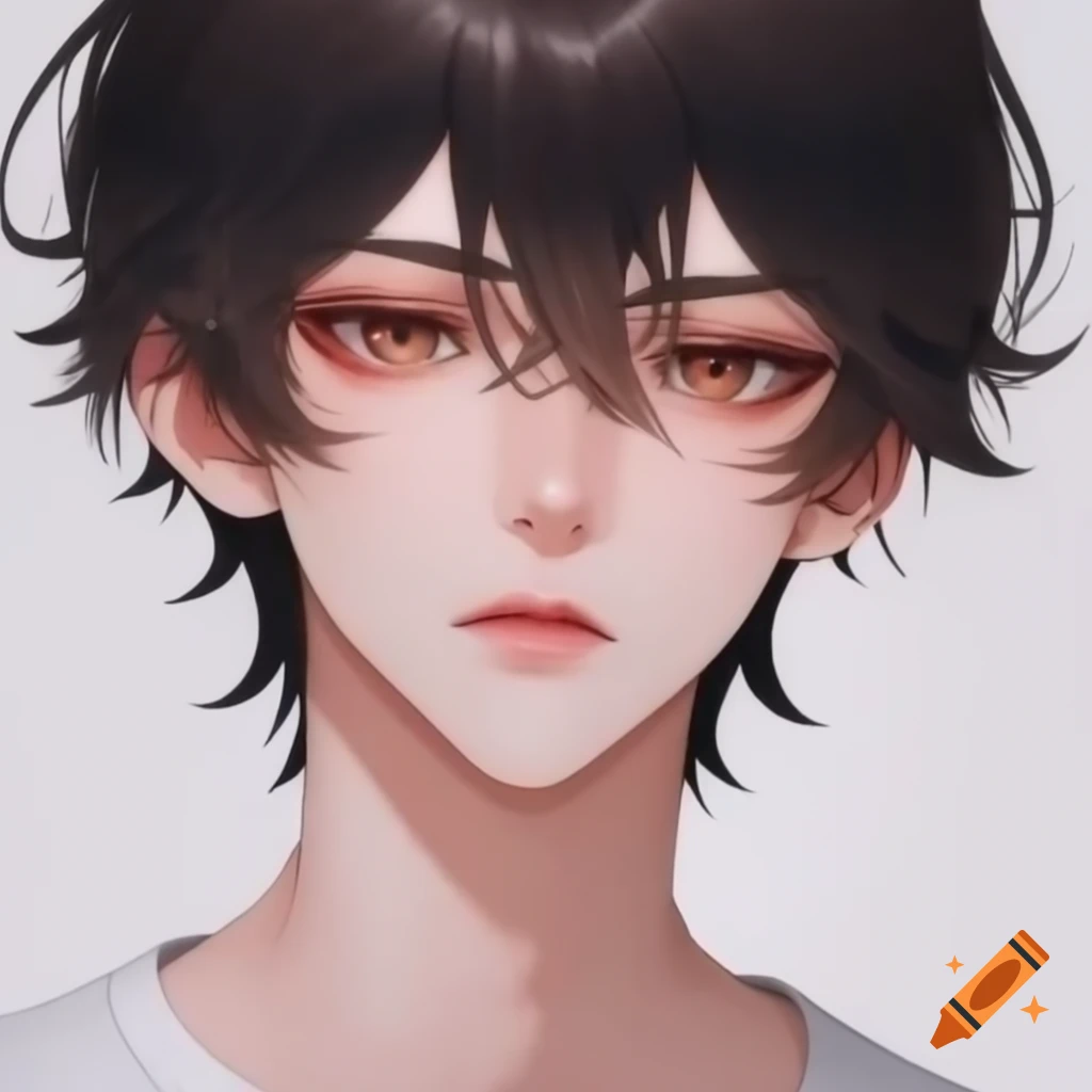 Anime character short guy with light skin and dark brown eyes wearing a white t-shirt and black shorts