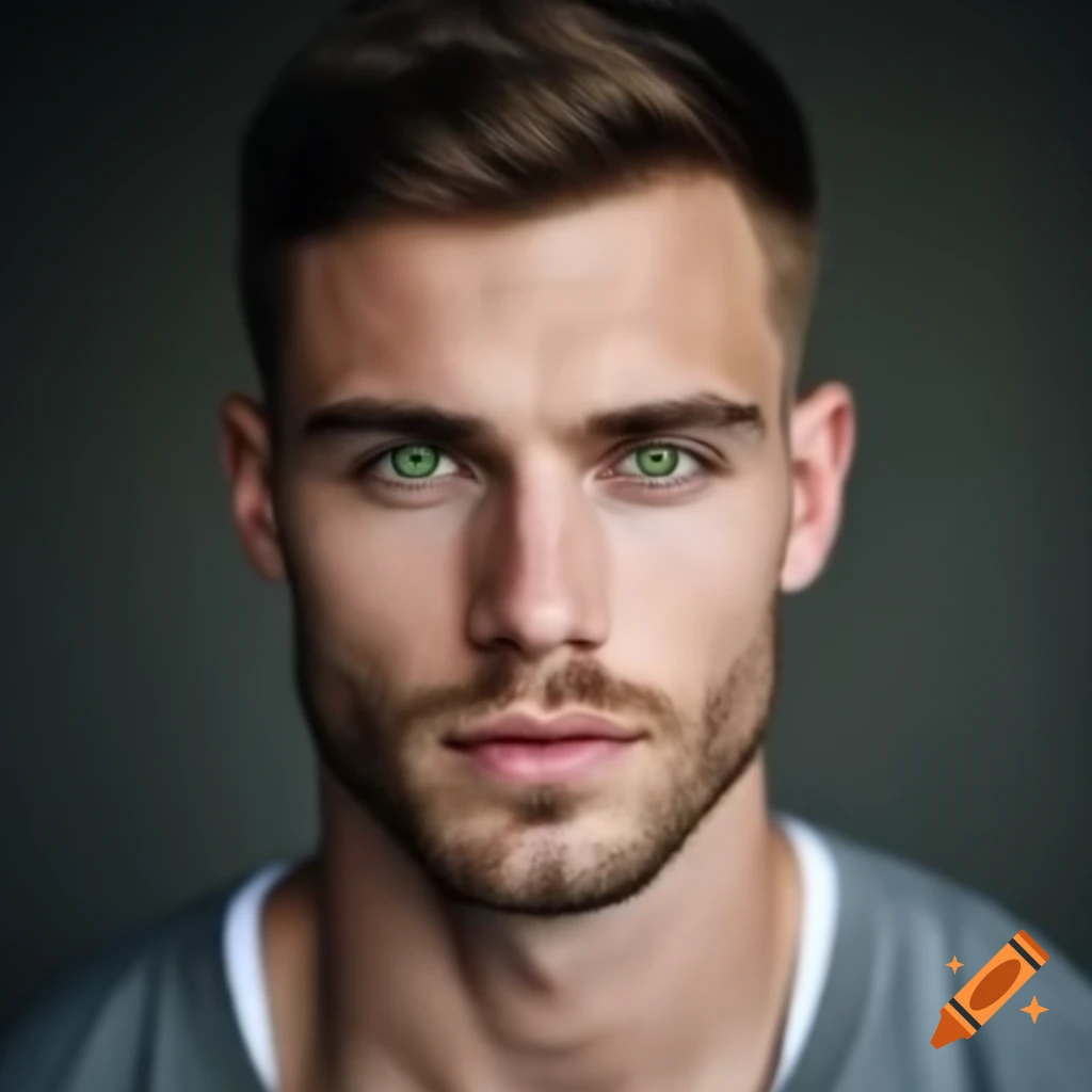 Young athletic man with short brown hair and green eyes in white t-shirt and dark gray jeans