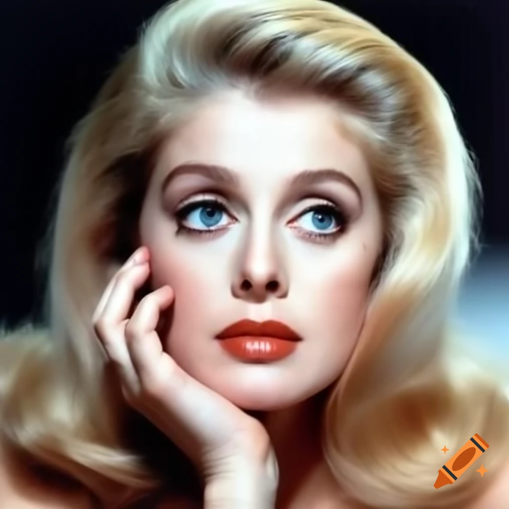 Hyper-realistic portrait of a beautiful 1960s European actress with porcelain skin and striking blue eyes
