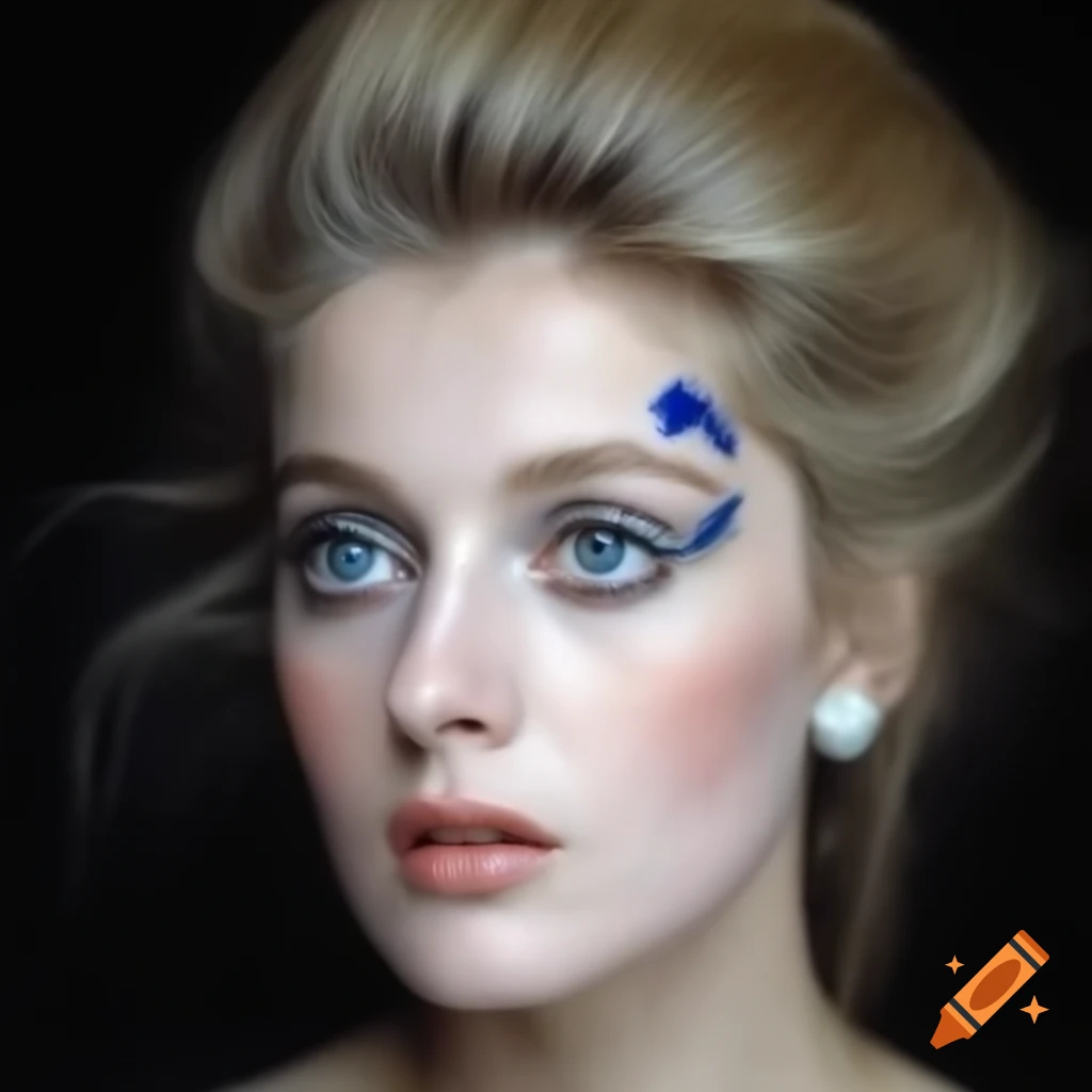 Hyper-realistic candid shot of a beautiful European actress from 1963 with porcelain skin and striking blue eyes