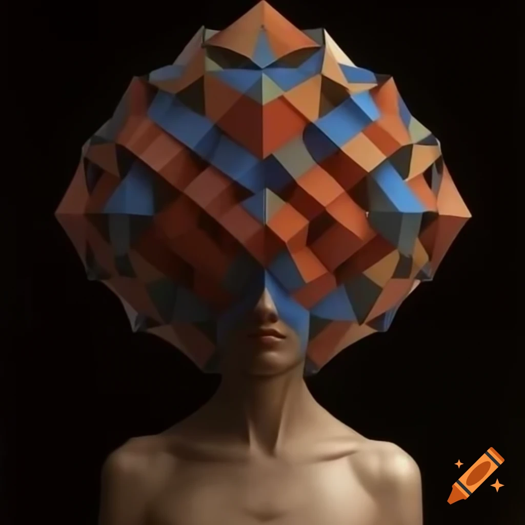Surreal human with geometric head against simple colors