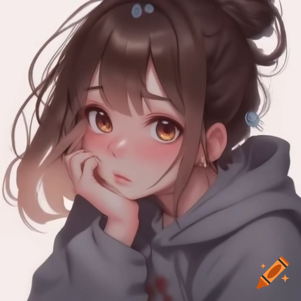 Shy anime woman with brown hair in messy bun, wearing hoodie and scarf, blushing