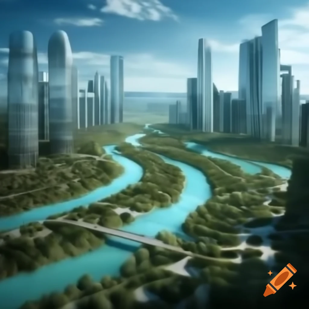 Futuristic landscape with peaceful city, river, and trees, featuring skyscrapers