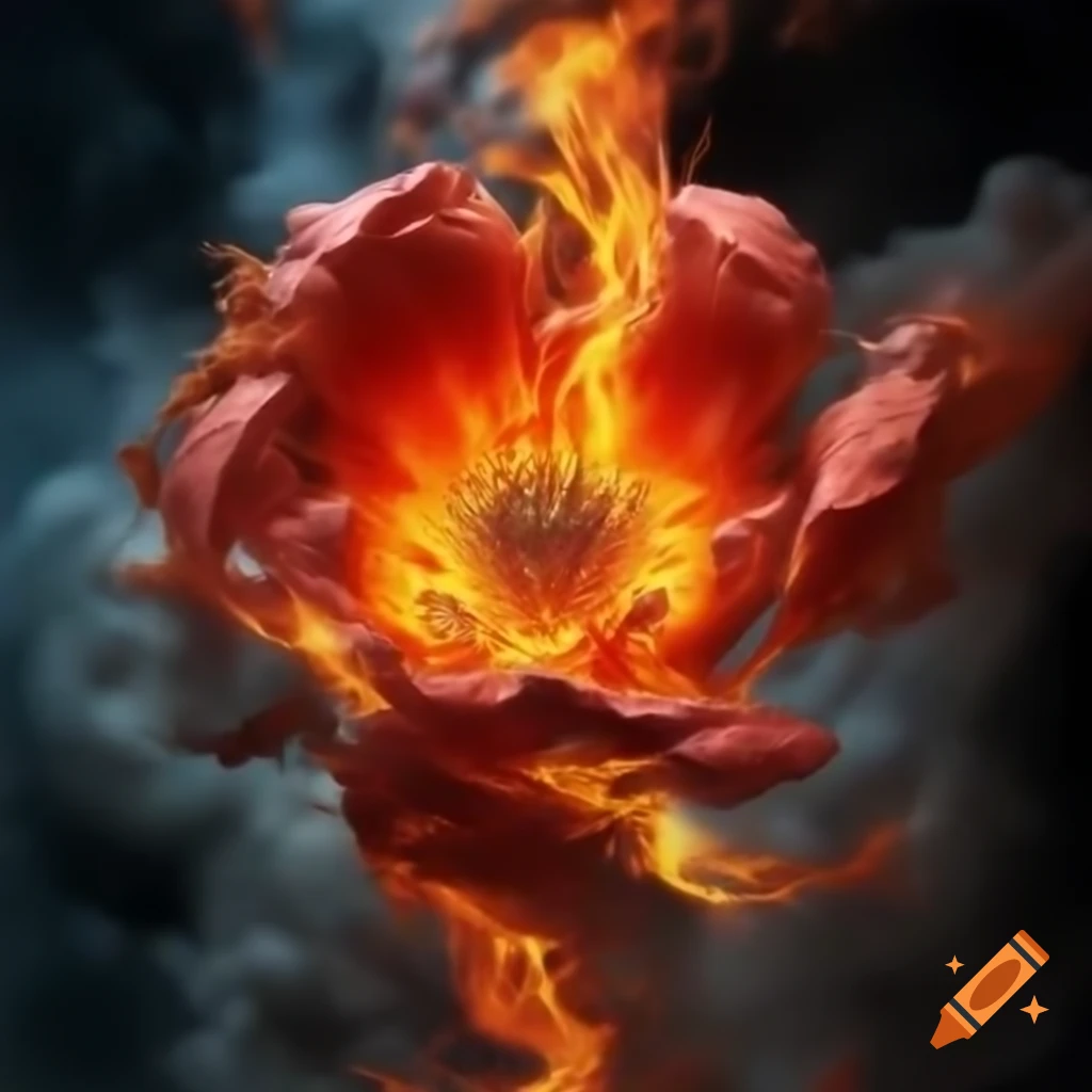 Vibrant flower petals engulfed by flames, symbolizing passion and strength