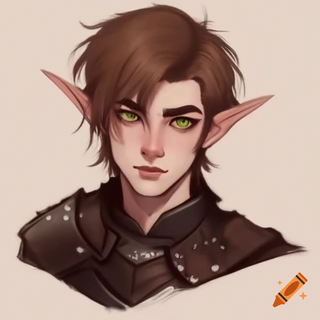 Young half-elf man with brown hair and studded leather armor, soft features