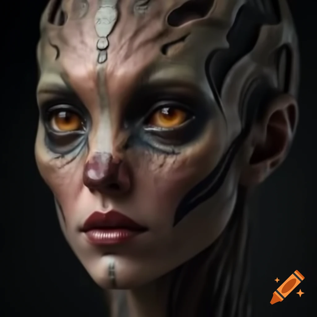 Hyper-realistic portrait of a beautiful alien with reddish skin and unique features