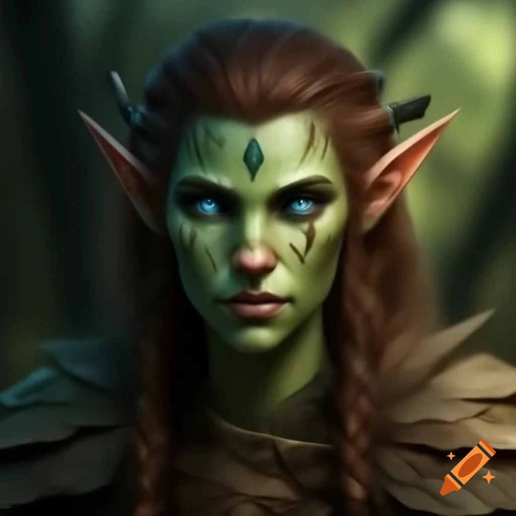 Wood Elf druid in leaf armor showcasing features of nature with pale green skin and dark blue eyes