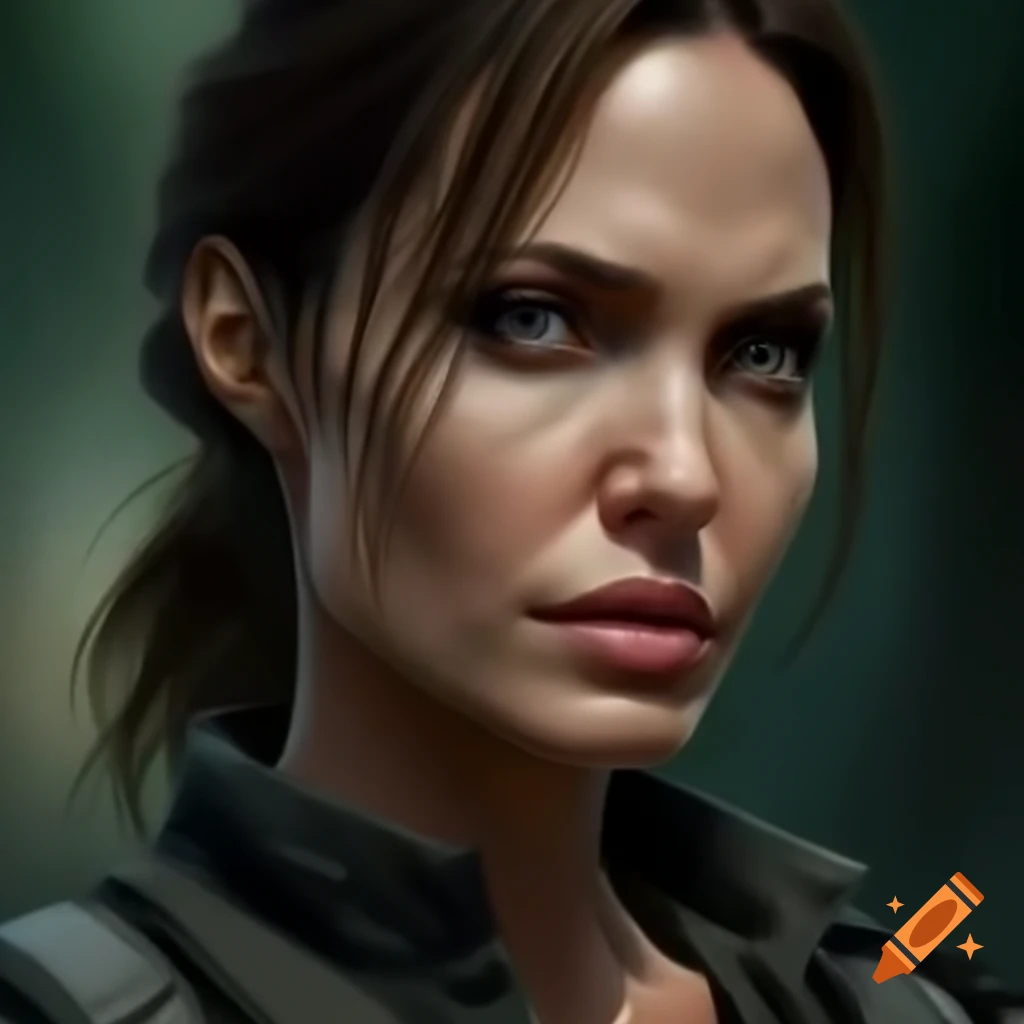 Portrait of Angelina Jolie as Lara Croft highlighting athletic physique