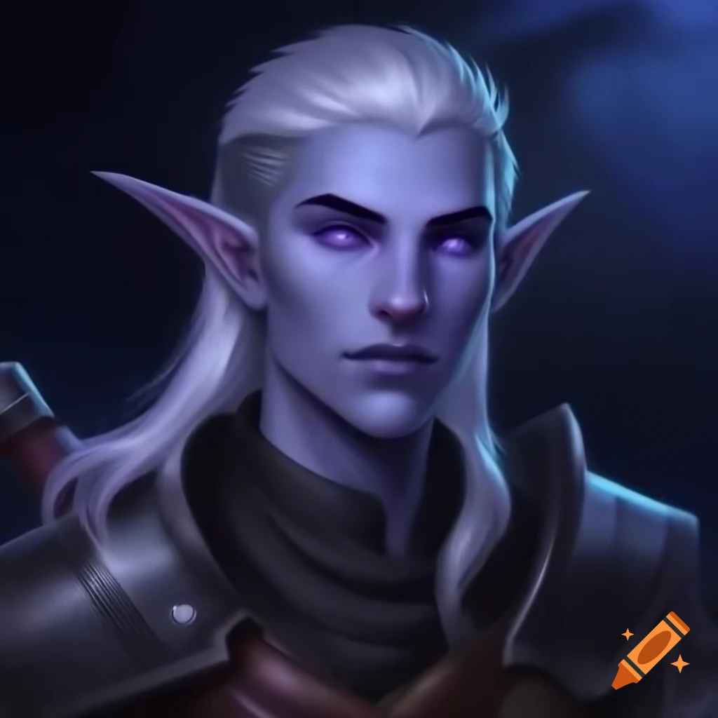 Male Drow elf character with gray-purple skin and silver hair in leather armor under the moon