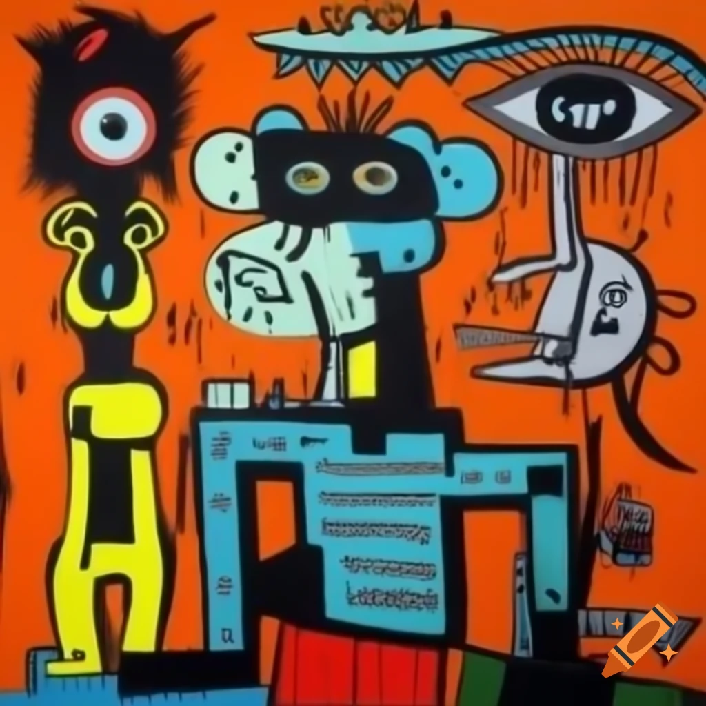 Surrealist painting combining Victor Brauner and Jean-Michel Basquiat's animal themes