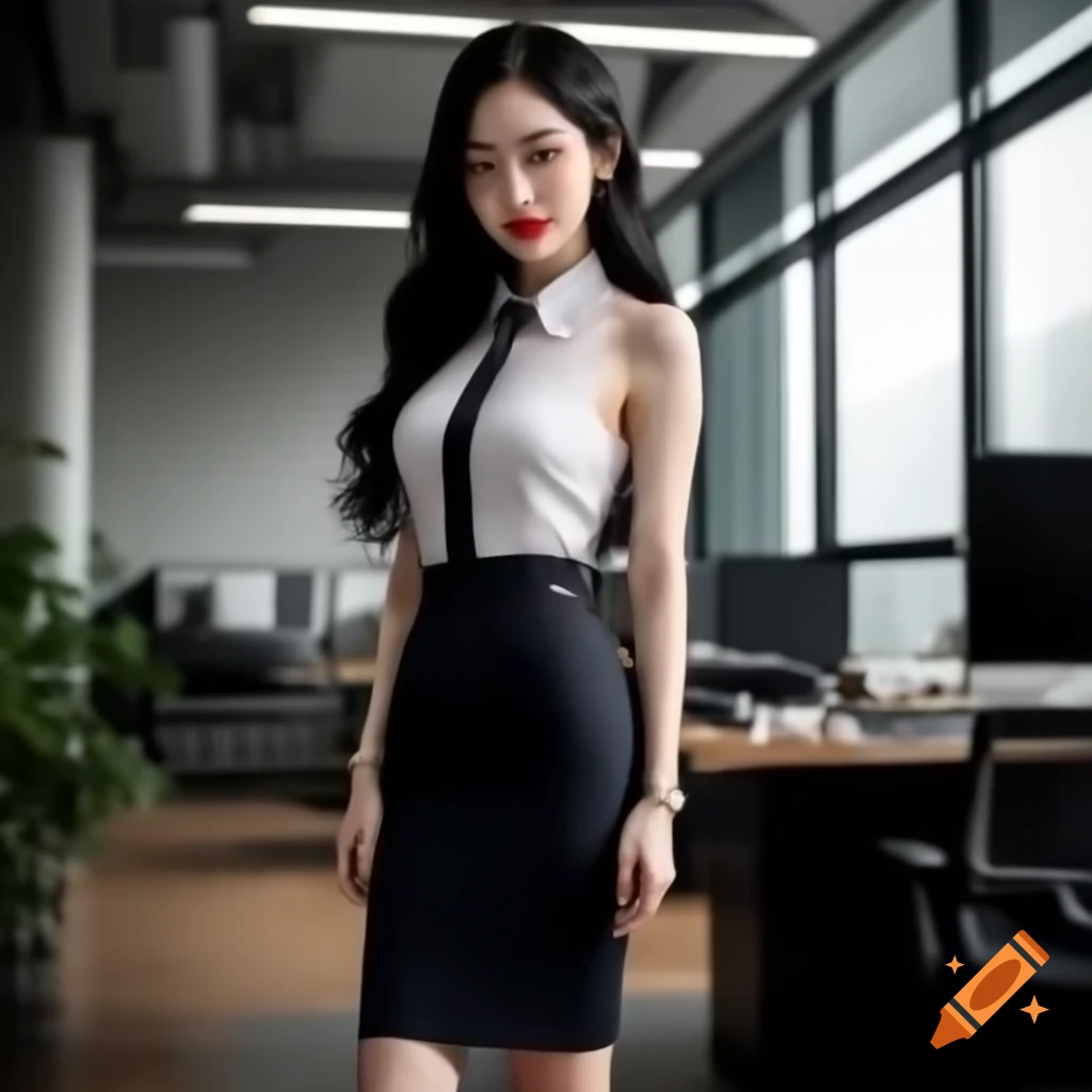 Elegant Asian woman in fitted pencil skirt and heels in modern office