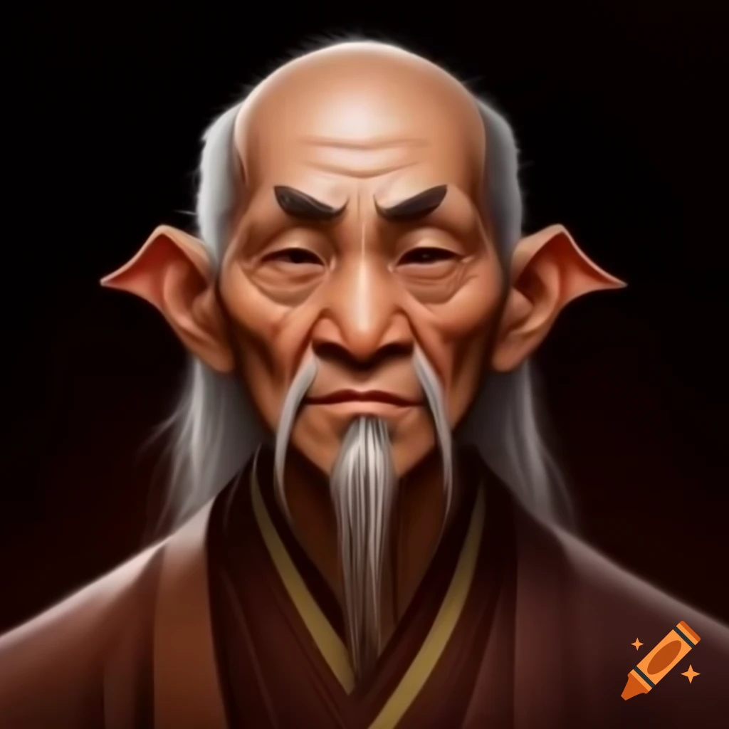 Portrait of an elderly bald halfling monk in kung fu attire with white hair and welcoming expression