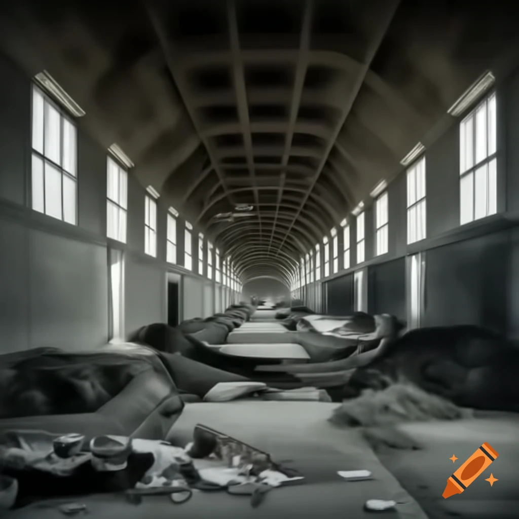 Spacious dirty sewer hall with broken furniture