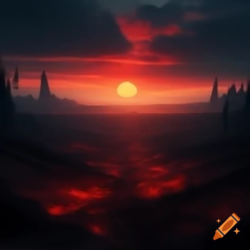 Desolate landscape at twilight with deep red sky and low red sun