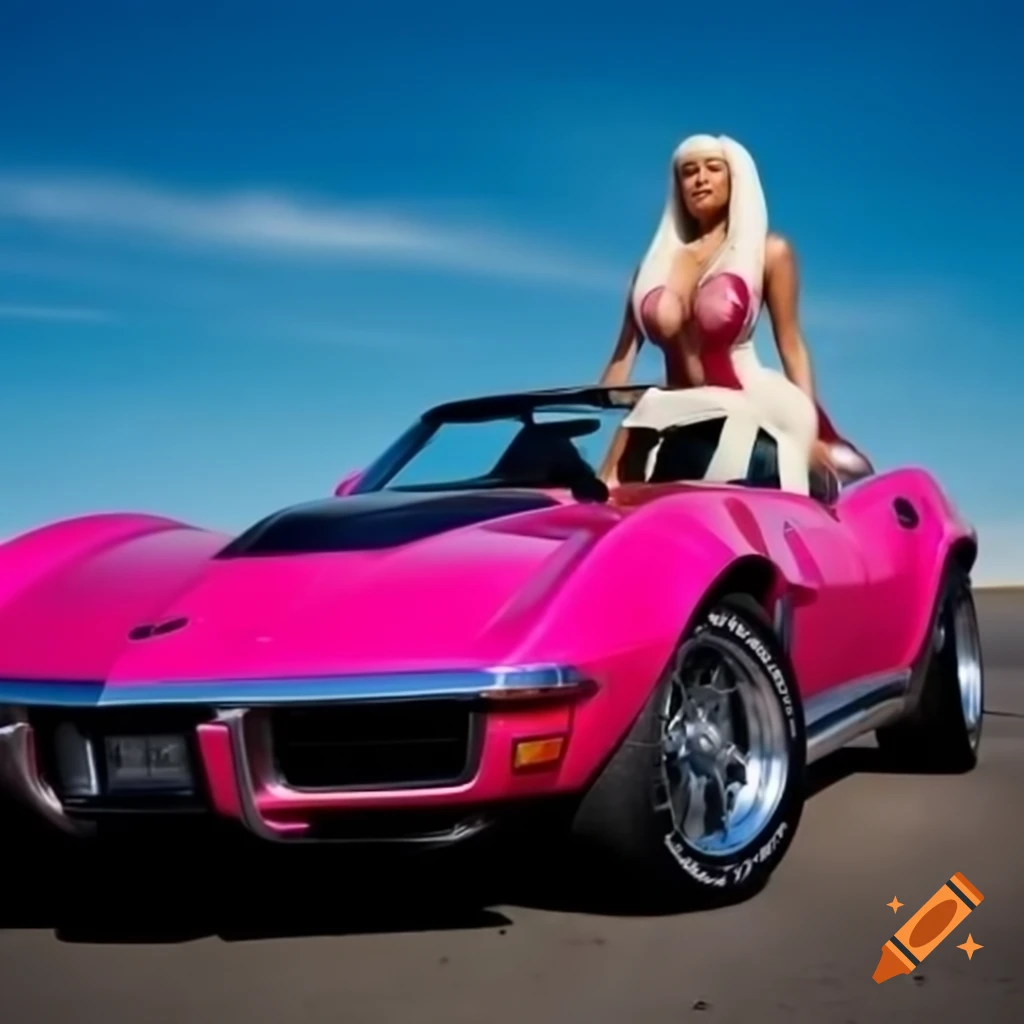 Portrait of Nicki Minaj driving pink C1 Corvette against sky blue background