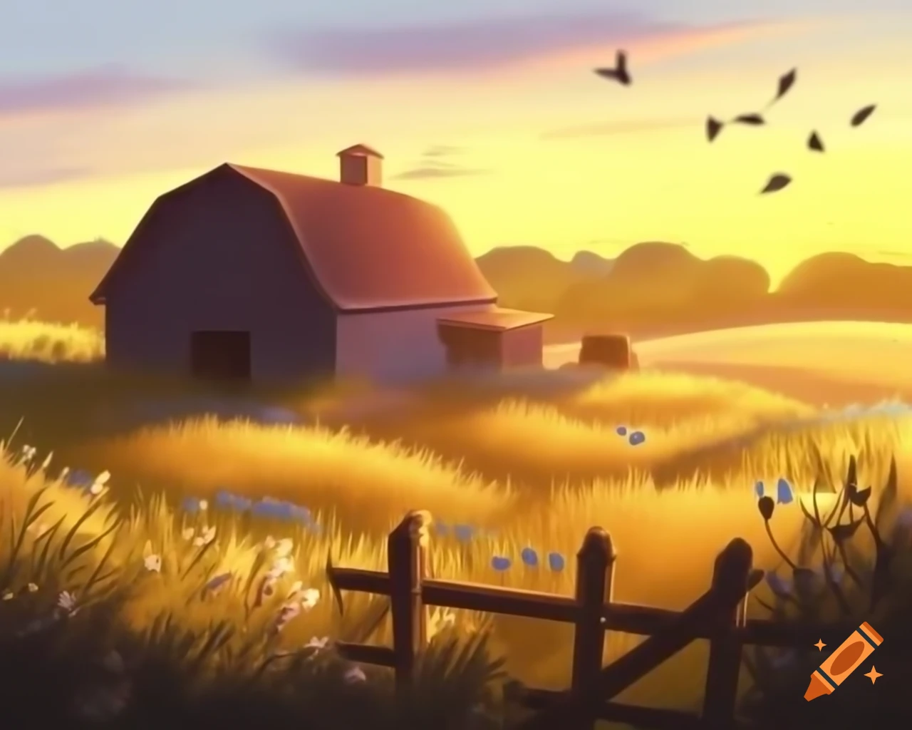 Quaint farmyard at sunrise with wildflowers and tall grasses