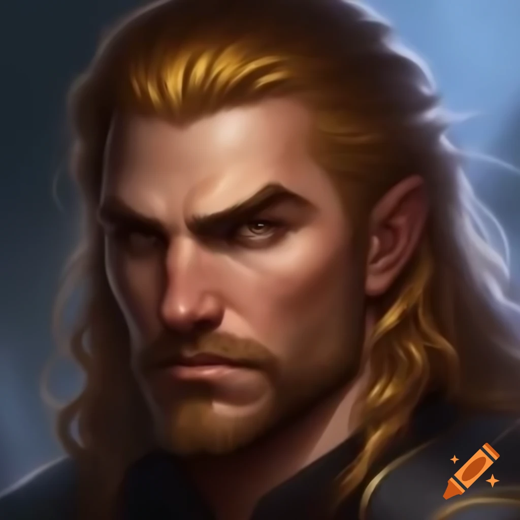 Headshot of noble male aasimar captain character with golden hair