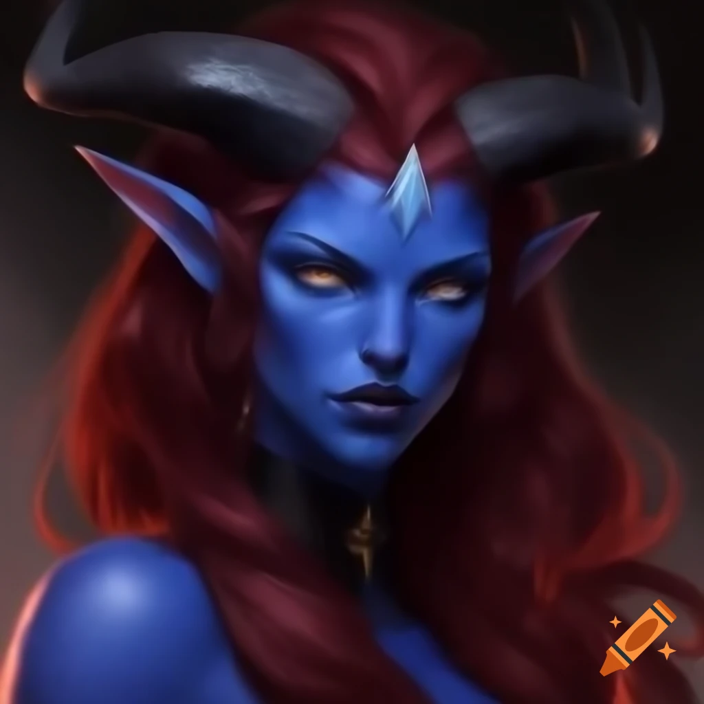 Fierce tiefling woman with jet-black horns and red hair, showcasing her mystique and bravery