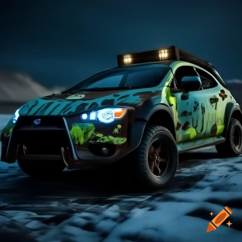 Mad Max-style Mitsubishi Eclipse 2012 with vivid graffiti and off-road wheels in post-apocalyptic setting