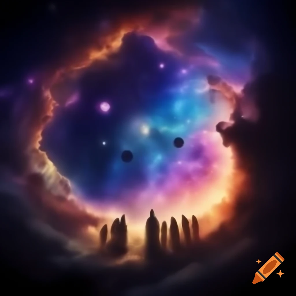 Colorful cosmic background with stars and silhouettes of gods
