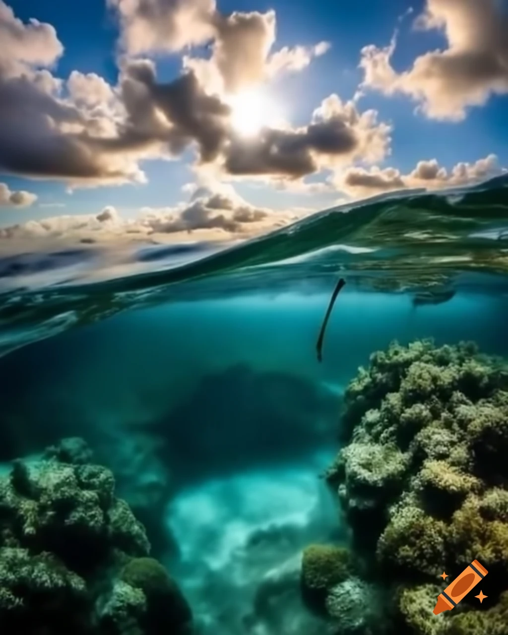 Sunlight streaming through wave revealing coral kingdom at dawn