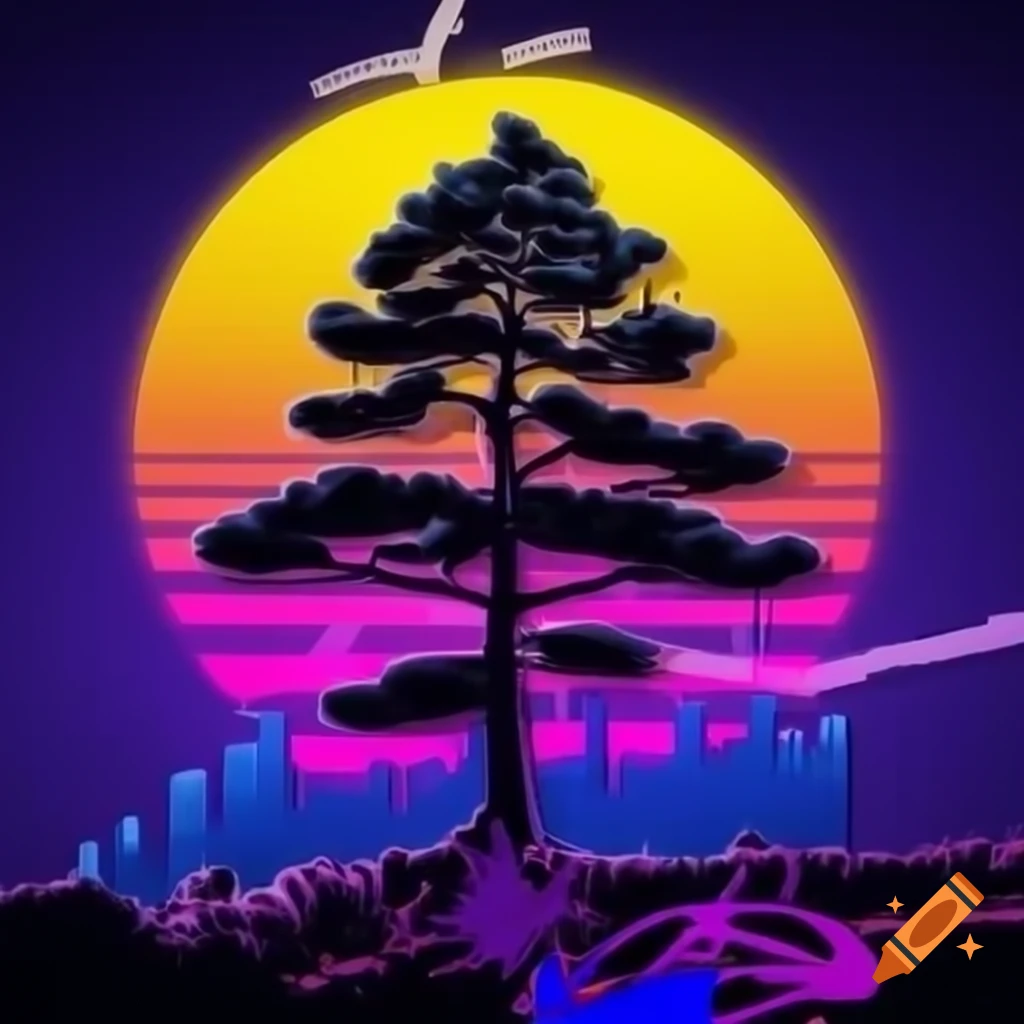 Pine tree with glowing crown at sunset, graffiti style in neon colors
