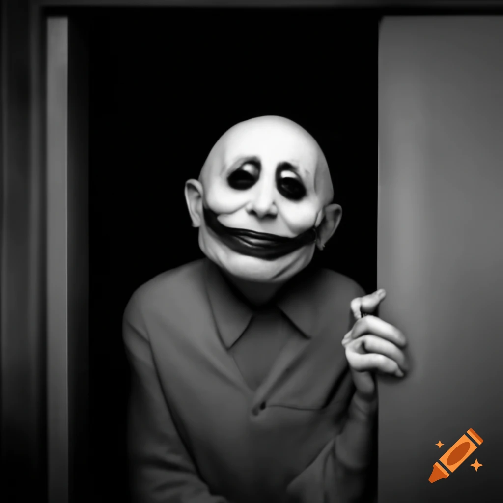 White man with sinister smile peeking through slightly opened door