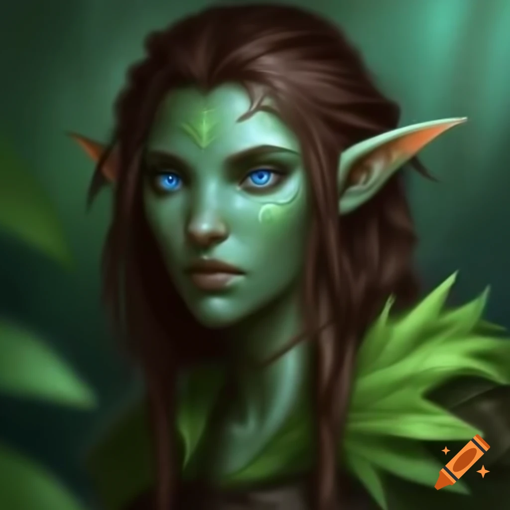 Ethereal elf druid in leaf armor with pale green skin and piercing blue eyes
