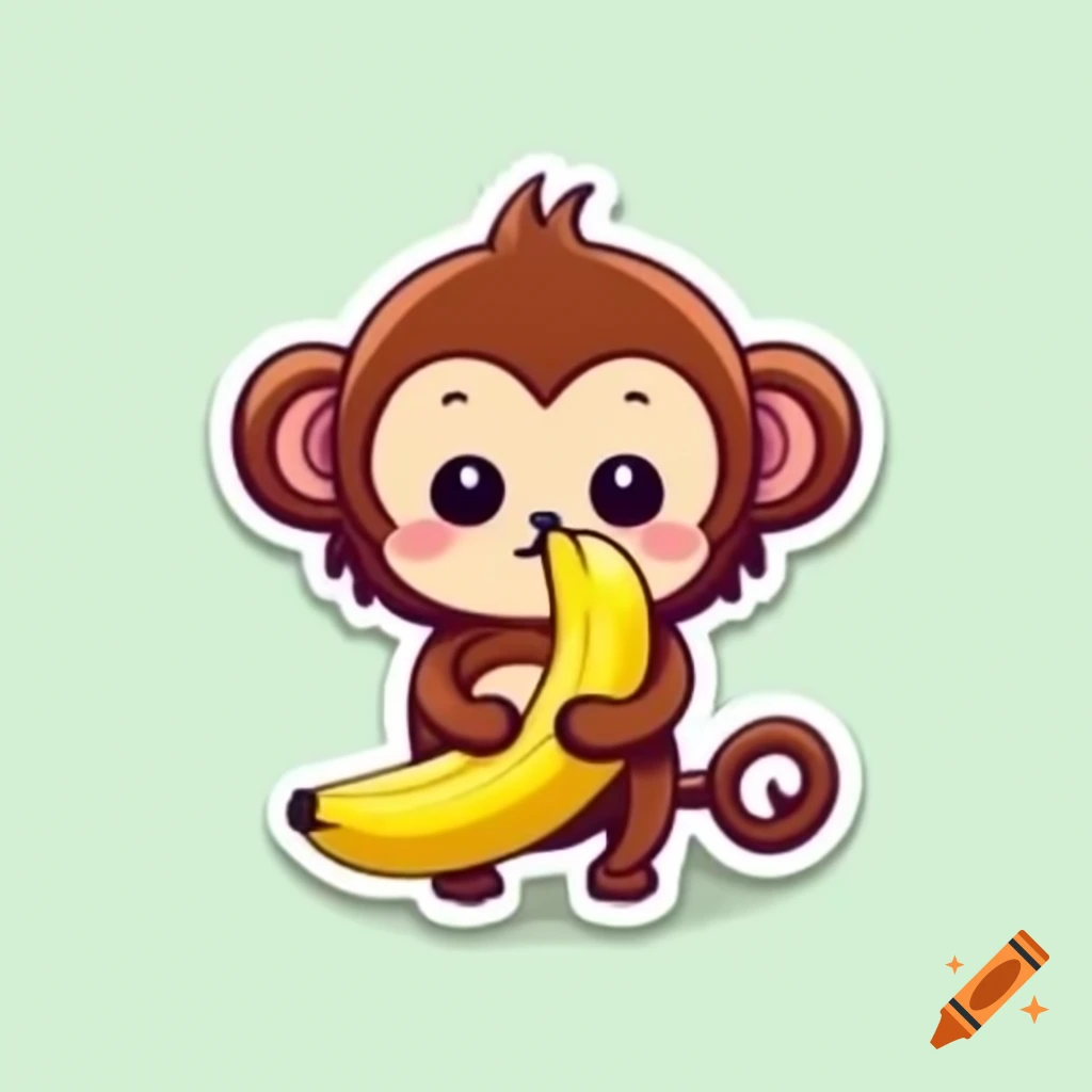 Cute monkey holding banana in sticker style