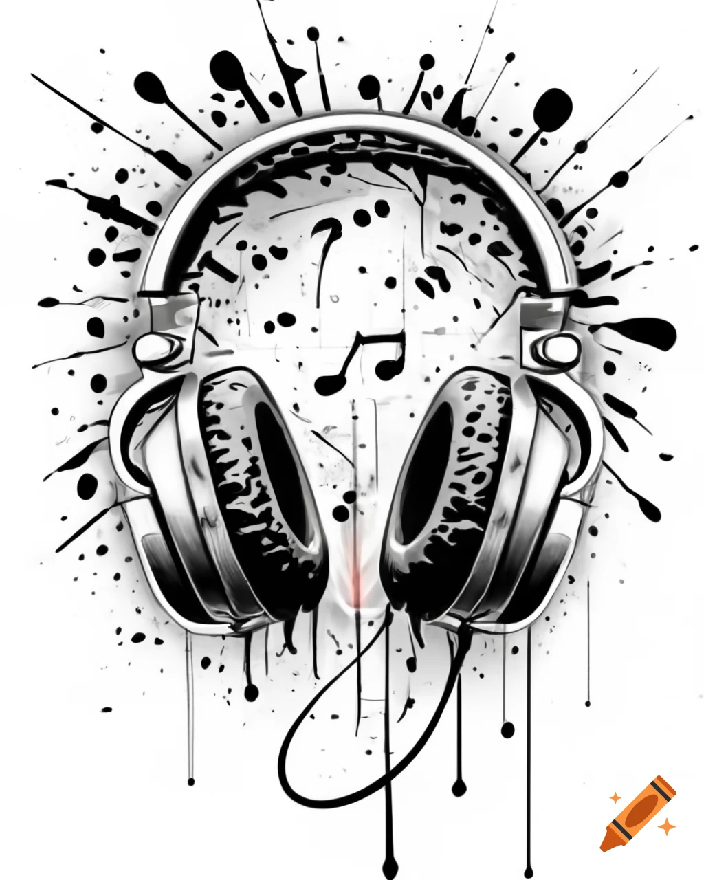Broken black headphones with music notes and sound waves in art brut and dadaism style