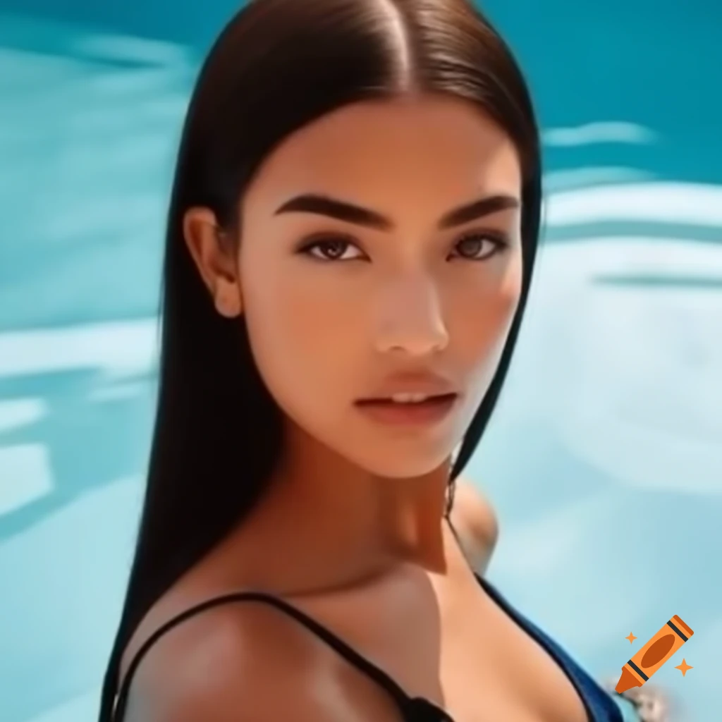 Woman with straight hair standing in front of a pool