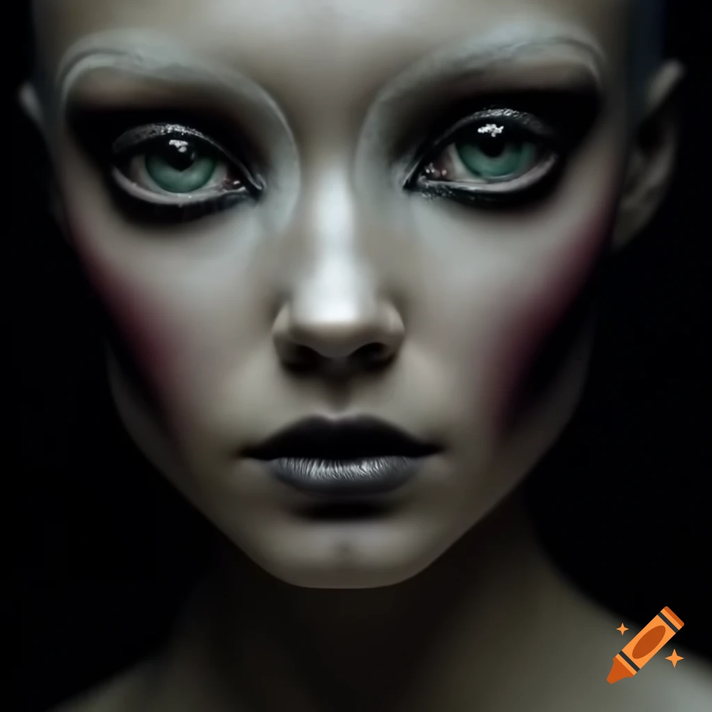 Hyper-realistic portrait of a beautiful 1954 classic alien female with grey skin and black eyes