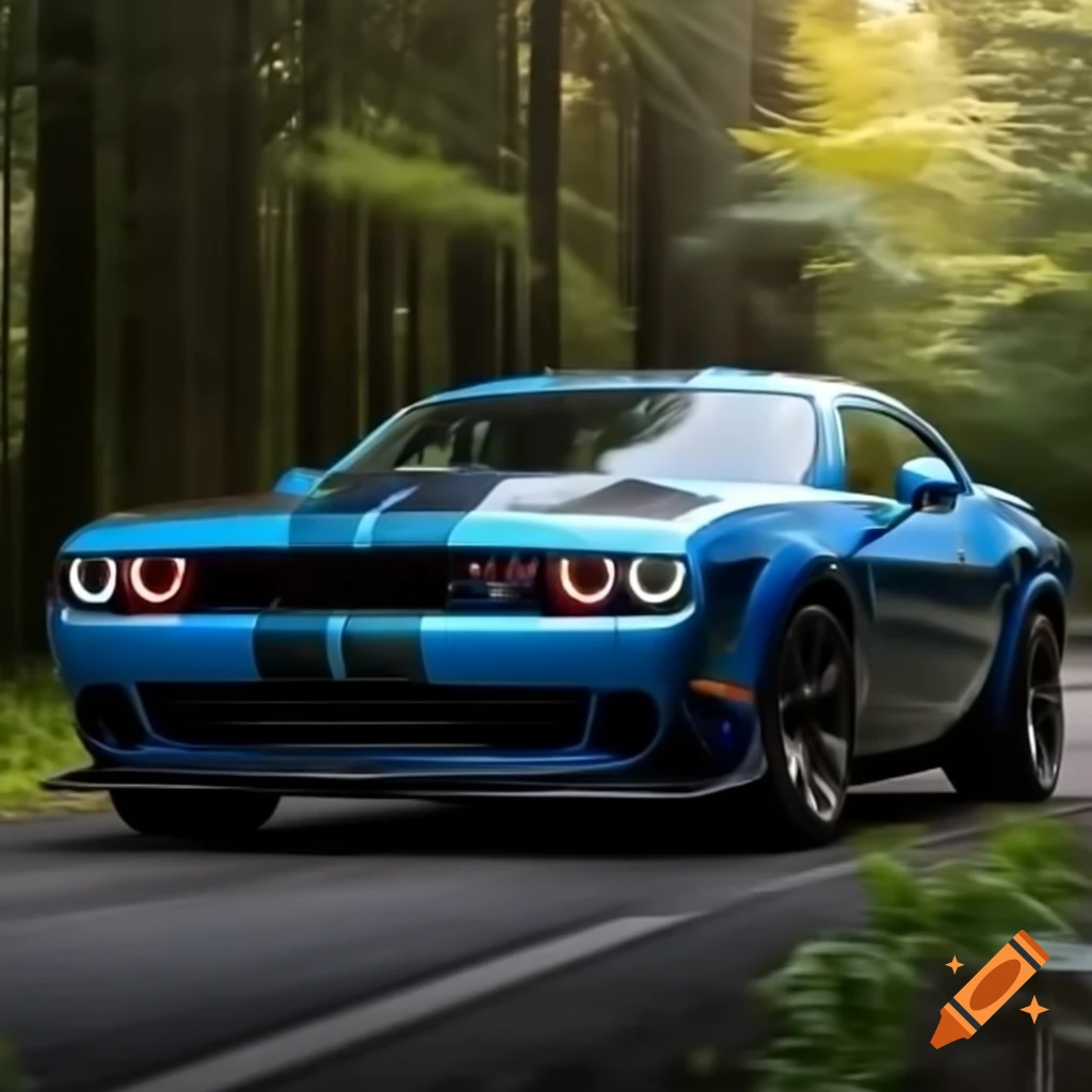 Blue Dodge Challenger car in forest setting