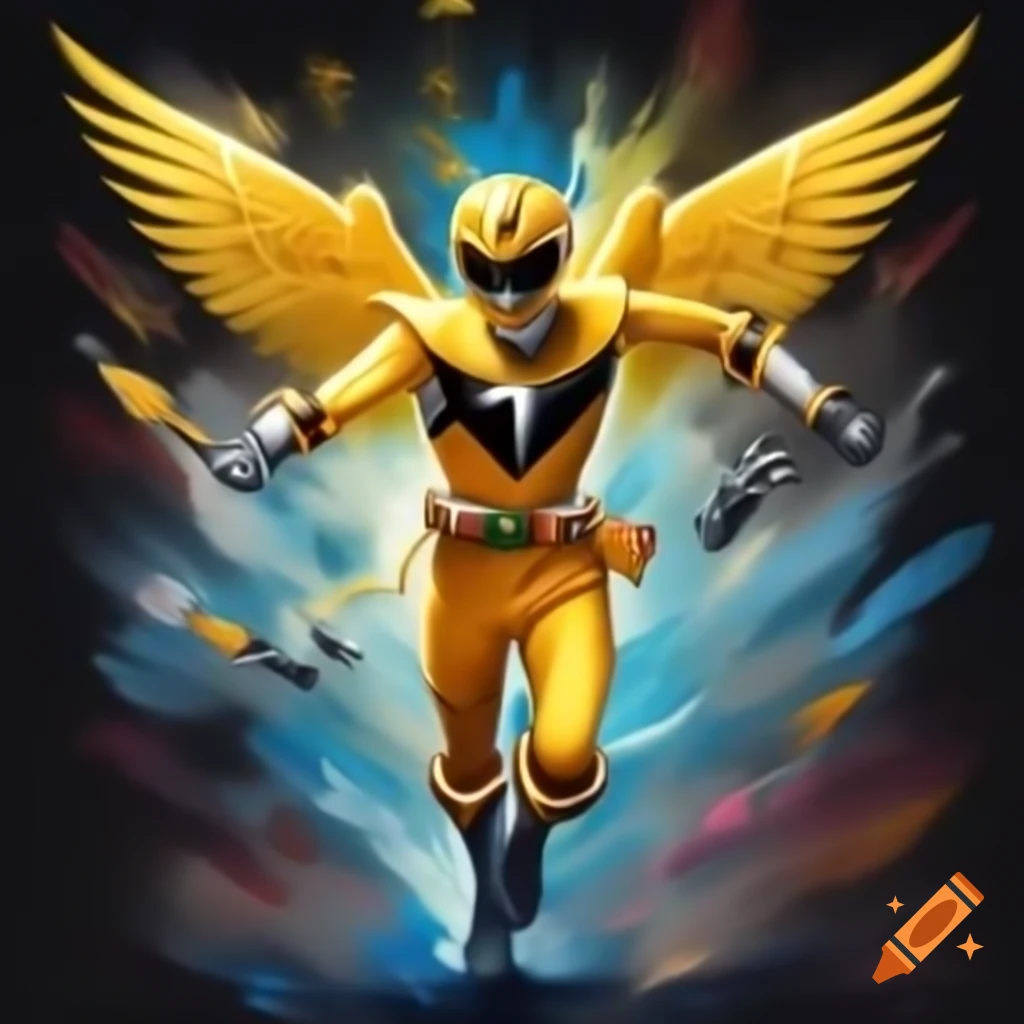 Yellow ranger in dynamic pose with robot and wings, anime style on Craiyon