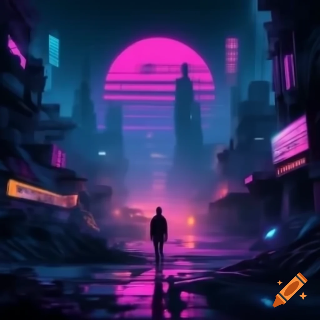 Cyberpunk cityscape with neon colors and ruins
