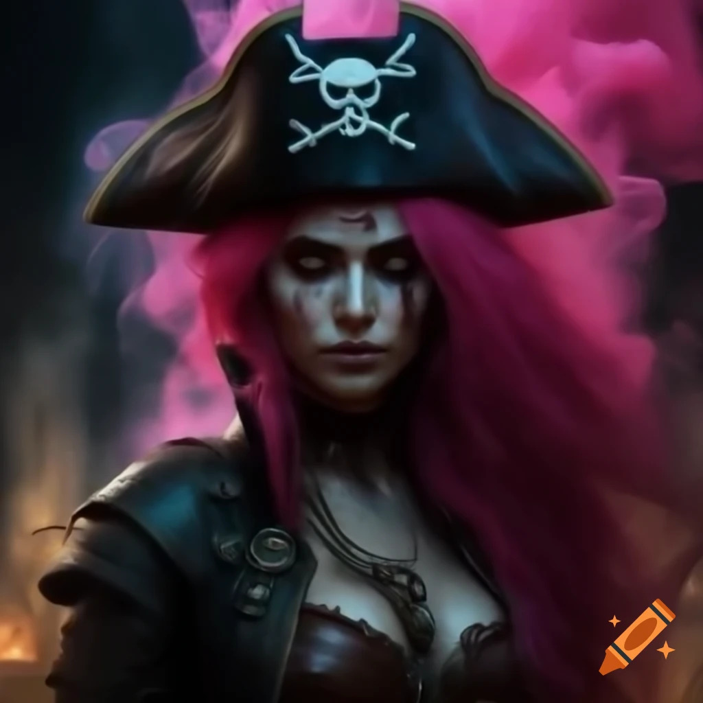 Undead woman pirate with pink smoke background