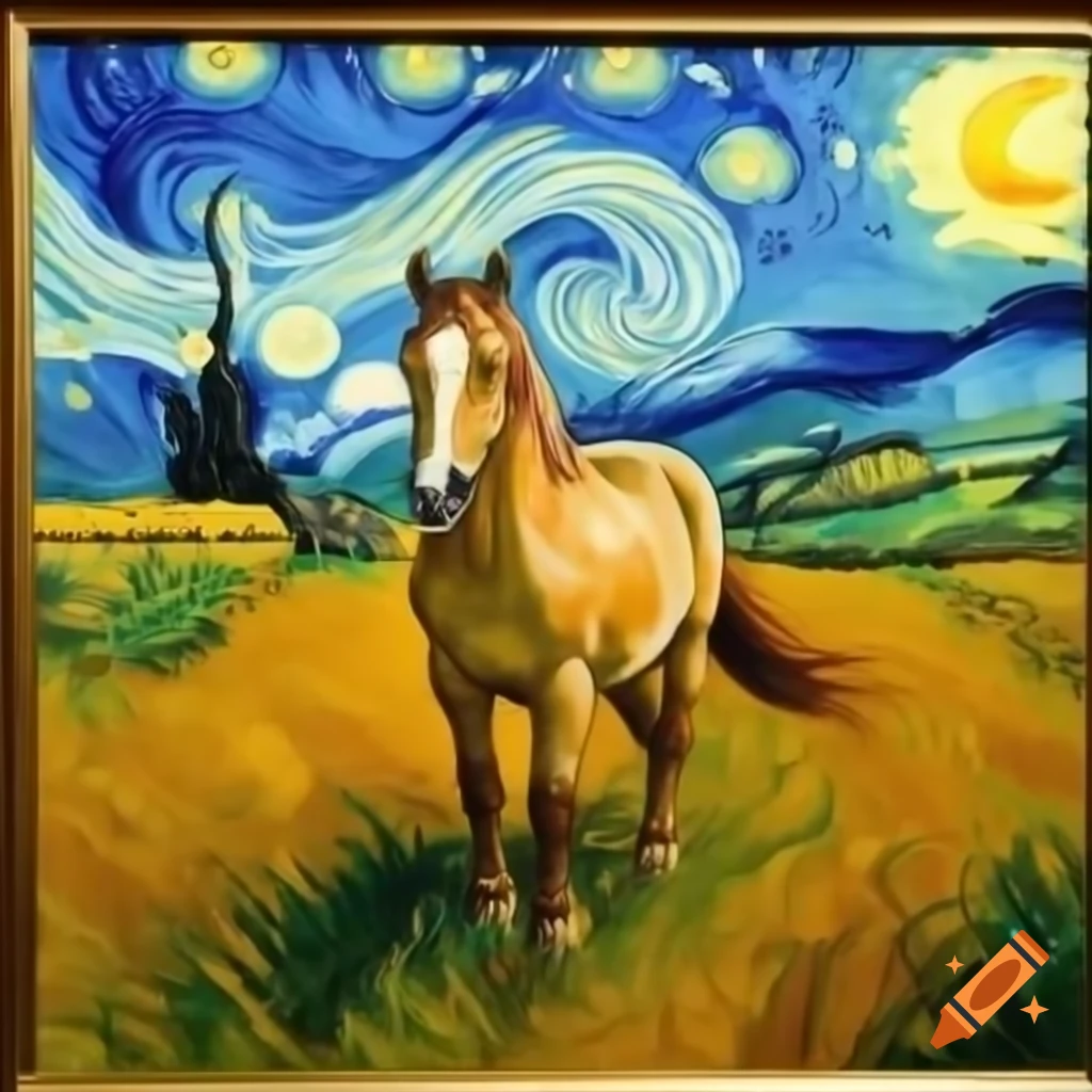 Beautiful Van Gogh style painting of a horse in an open field